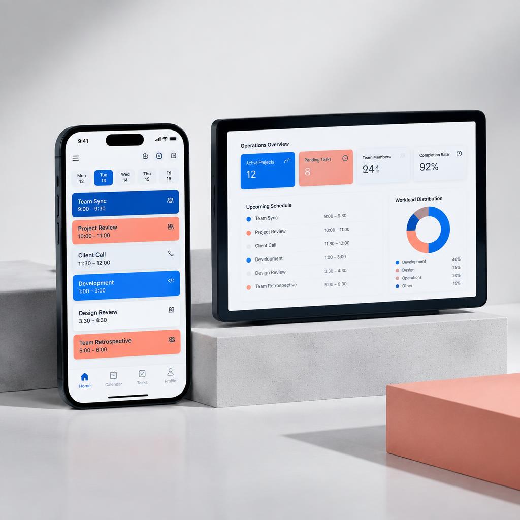 An AI operations interface displayed across mobile and tablet screens